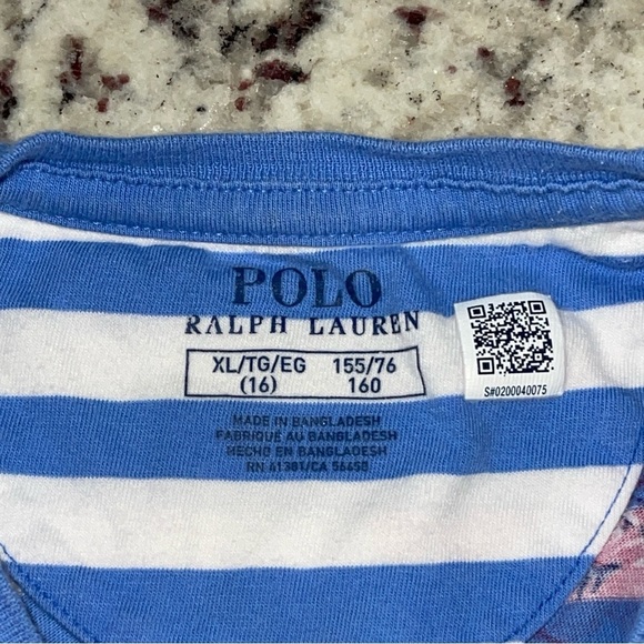 Polo Ralph Lauren Striped Floral Jersey Tee Girls XL 16 Blue Cotton Kids Youth - Picture 3 of 8